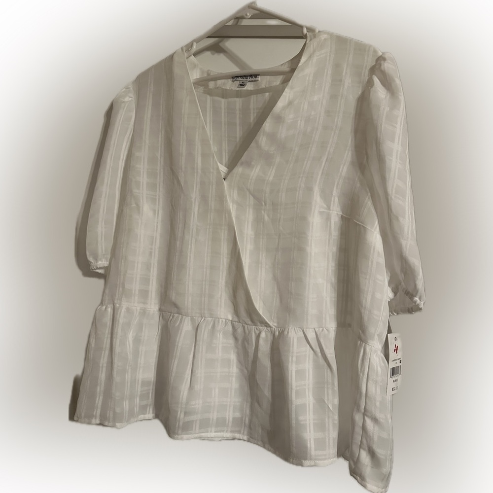 White Lined Puff Sleeve Wrap Blouse with Tiered Design-size XL, New With Tags